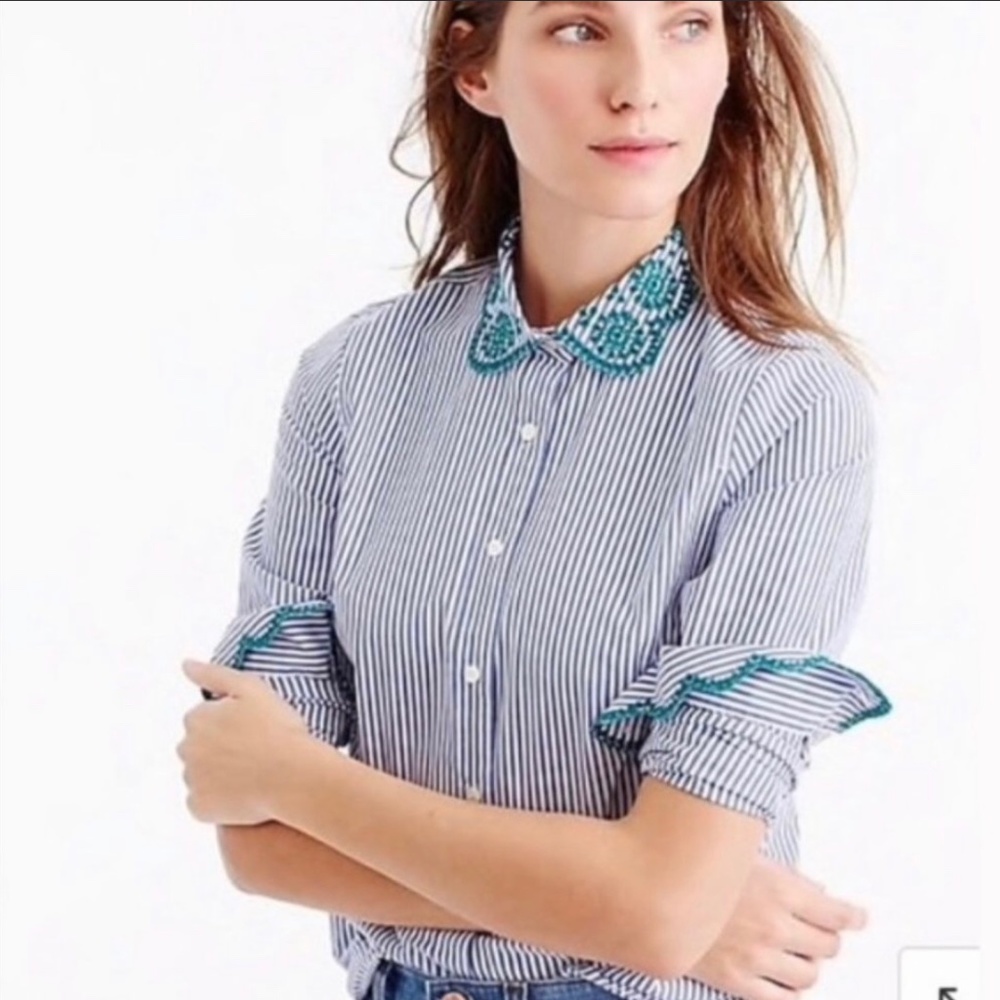 J. CREW Contrast Embroidered Peter Pan Collar Striped Button Down Preppy/Coastal